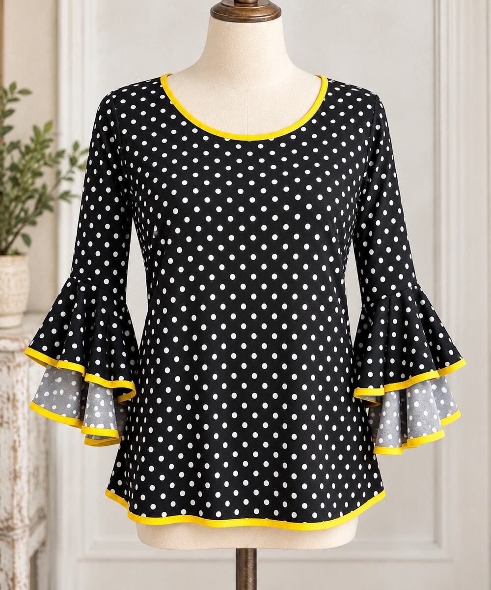 Coco Bianco Womens Medium Black White Polka Dot Bell Sleeve Top Yellow Trim